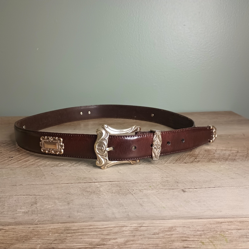 Vtg Fossil Leather Concho Belt Womens XL Silver Buckle Southwestern Boho 90s - Picture 2 of 10